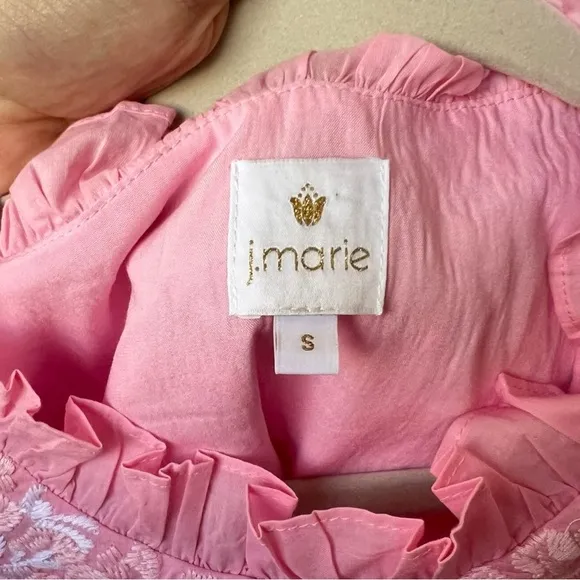 J. MARIE The Pricilla Dress Pink Ruffle Embroidered Mexican Oaxcan Preppy Sz S