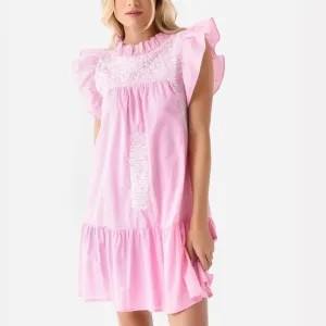J. MARIE The Pricilla Dress Pink Ruffle Embroidered Mexican Oaxcan Preppy Sz S