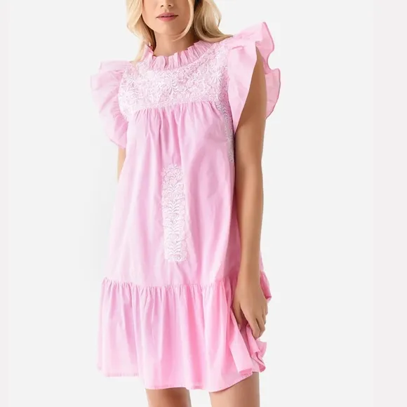J. MARIE The Pricilla Dress Pink Ruffle Embroidered Mexican Oaxcan Preppy Sz S