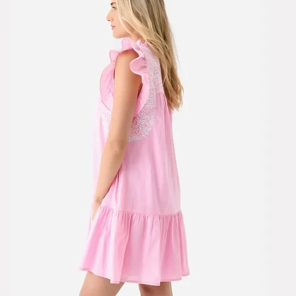 J. MARIE The Pricilla Dress Pink Ruffle Embroidered Mexican Oaxcan Preppy Sz S