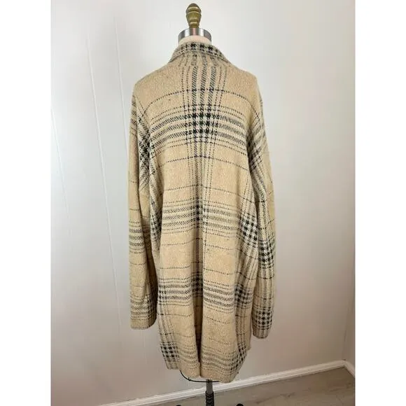 J.Jill Plaid Open Front Long Cardigan Duster Sweater Large Cream Baggy Preppy