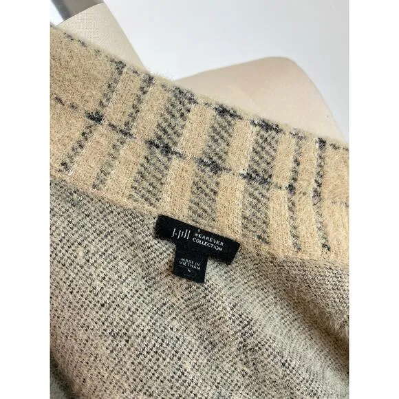 J.Jill Plaid Open Front Long Cardigan Duster Sweater Large Cream Baggy Preppy