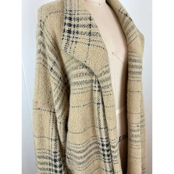J.Jill Plaid Open Front Long Cardigan Duster Sweater Large Cream Baggy Preppy