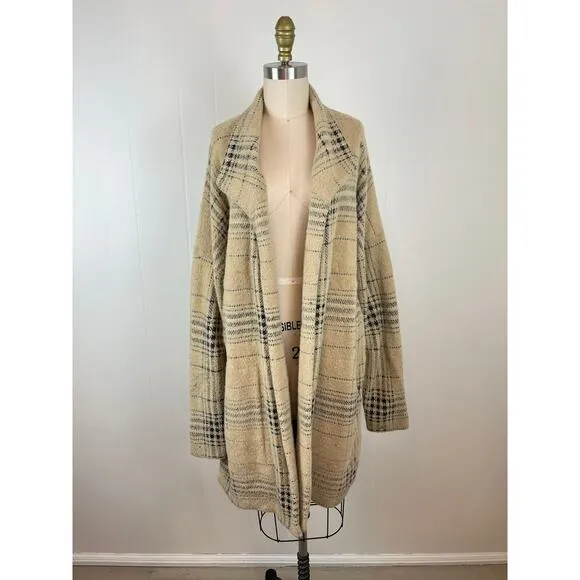 J.Jill Plaid Open Front Long Cardigan Duster Sweater Large Cream Baggy Preppy