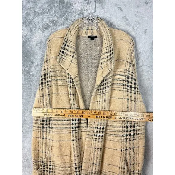 J.Jill Plaid Open Front Long Cardigan Duster Sweater Large Cream Baggy Preppy
