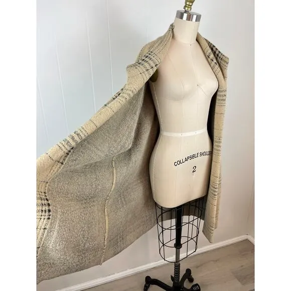 J.Jill Plaid Open Front Long Cardigan Duster Sweater Large Cream Baggy Preppy