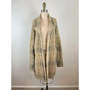 J.Jill Plaid Open Front Long Cardigan Duster Sweater Large Cream Baggy Preppy