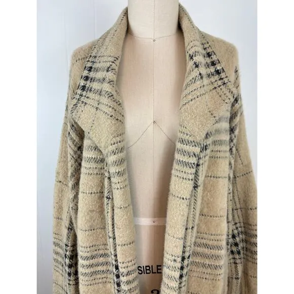 J.Jill Plaid Open Front Long Cardigan Duster Sweater Large Cream Baggy Preppy