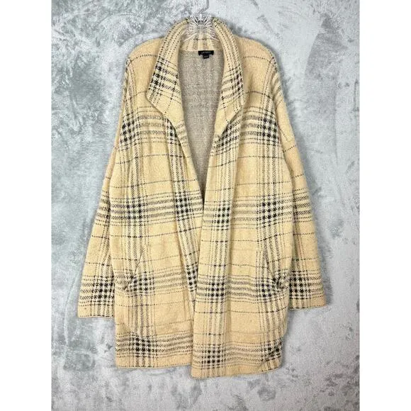 J.Jill Plaid Open Front Long Cardigan Duster Sweater Large Cream Baggy Preppy
