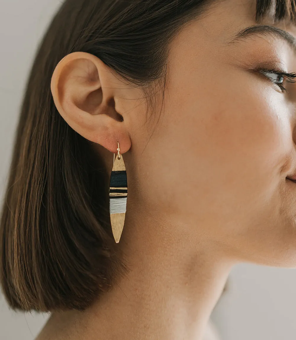 Kaia Surfboard Gold Drop Earrings - Blue Thread Wrapped
