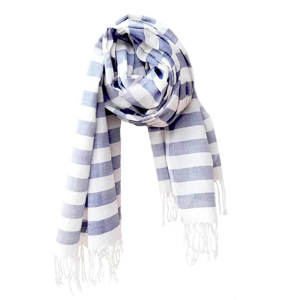 Kala Swaraj Mulmul Cotton Shawl - Blue Weft Stripes