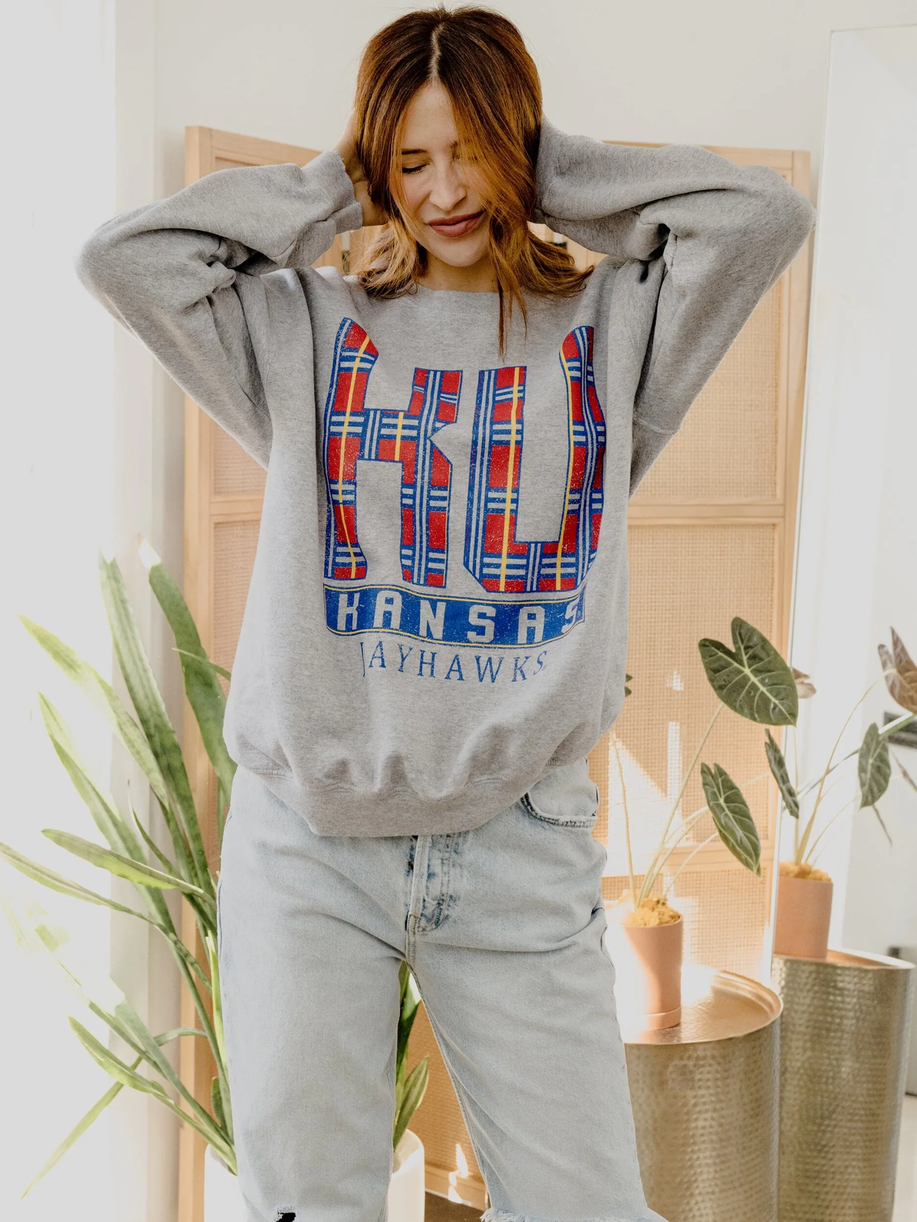 KU Jayhawks Preppy Plaid Gray Thrifted Sweatshirt