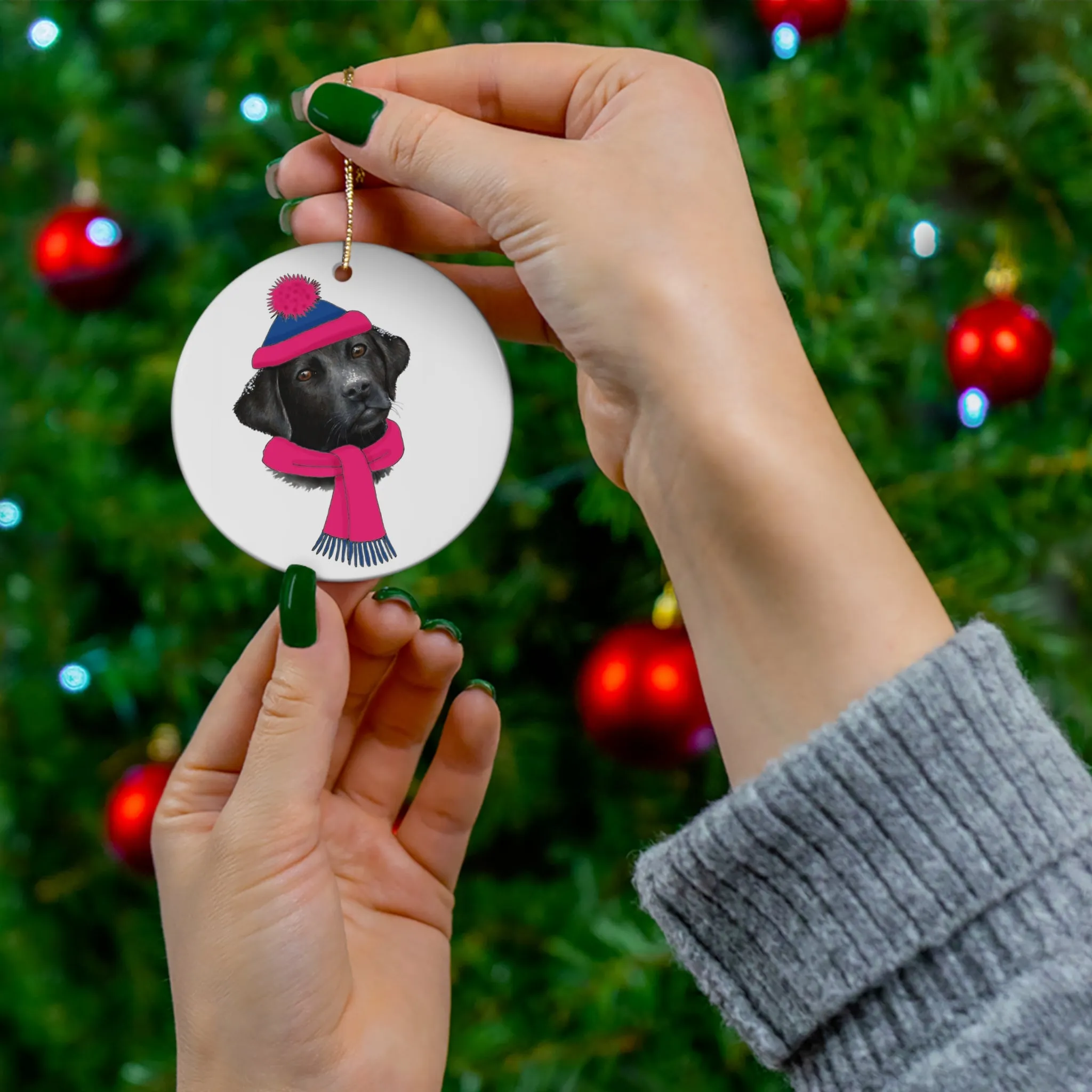 Lab In Pink/Blue Winter Gear Ceramic Disc Ornament            Item #9198958
