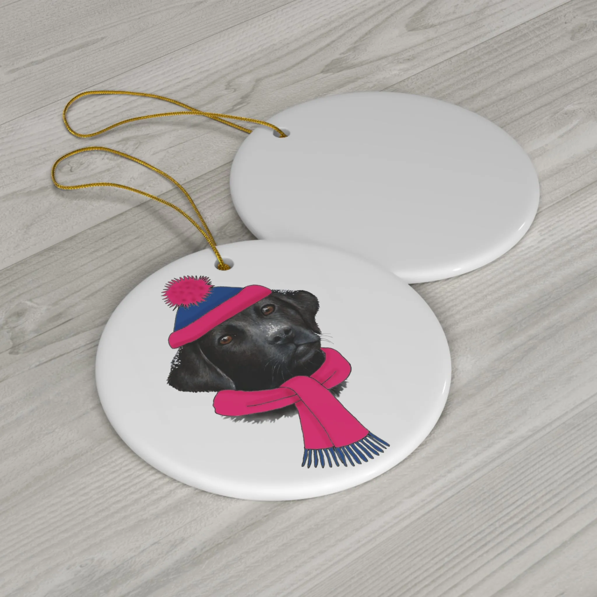 Lab In Pink/Blue Winter Gear Ceramic Disc Ornament            Item #9198958