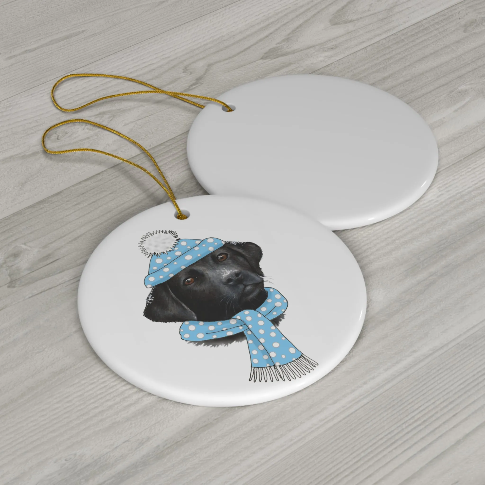 Lab In Teal Winter Gear Ceramic Disc Ornament          Item #7118205