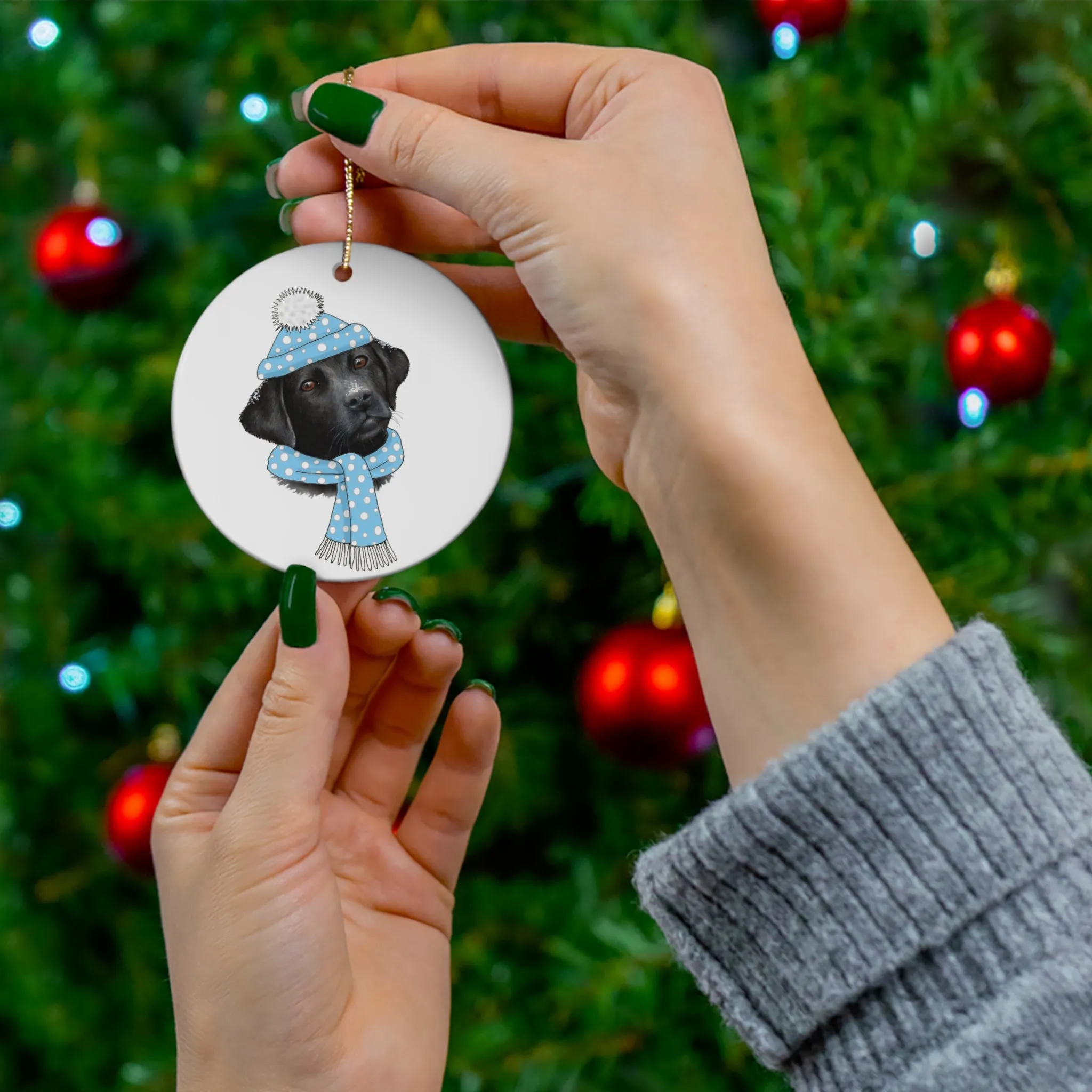 Lab In Teal Winter Gear Ceramic Disc Ornament          Item #7118205