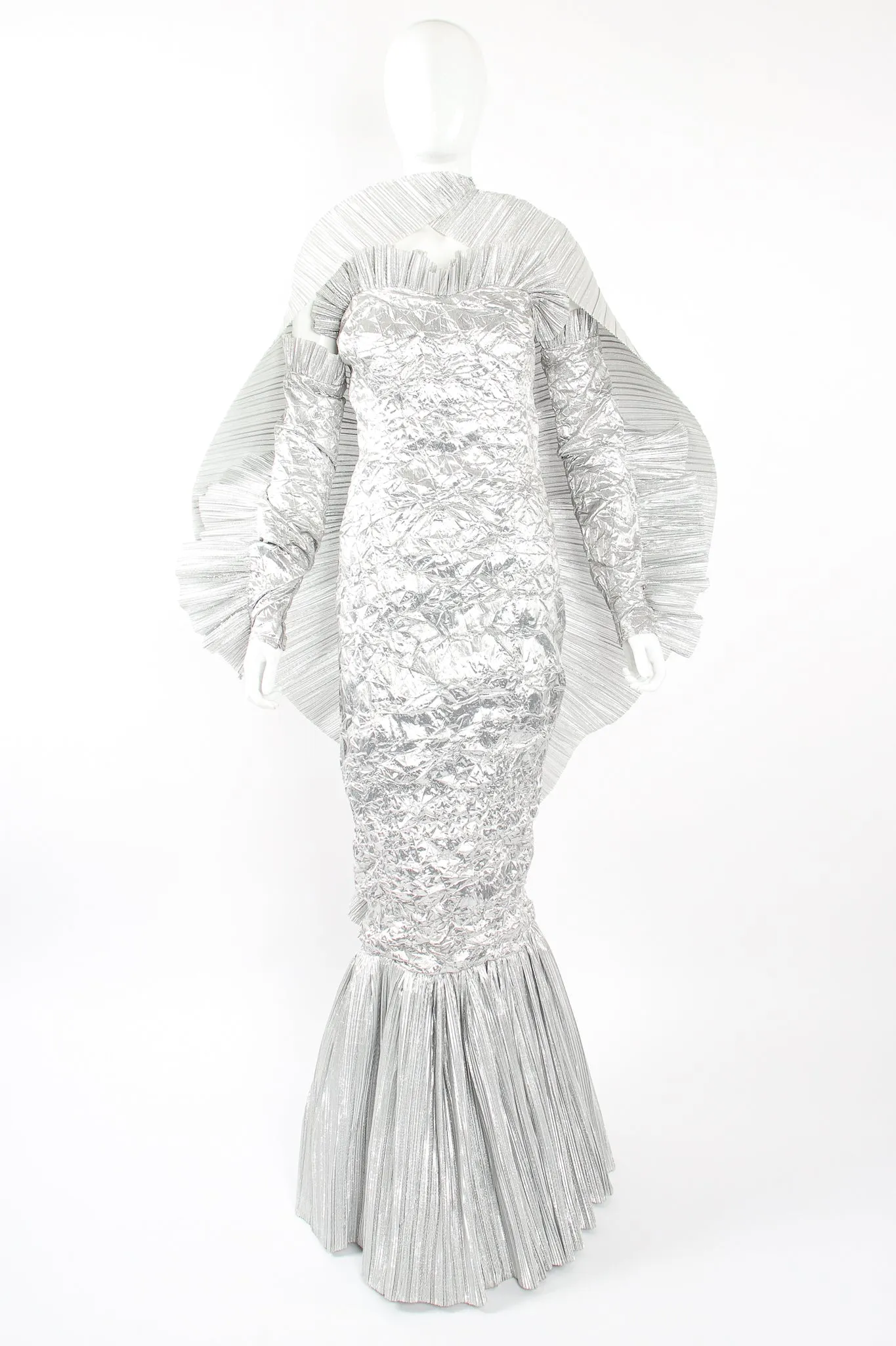 Lamé Strapless Sleeved Ruffle Gown