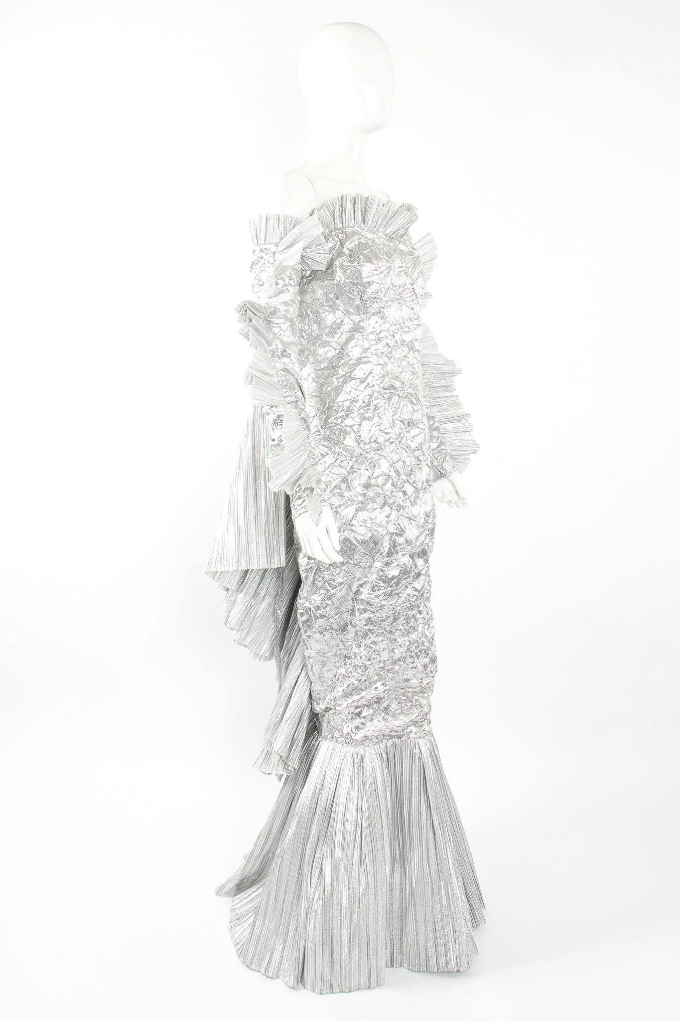 Lamé Strapless Sleeved Ruffle Gown