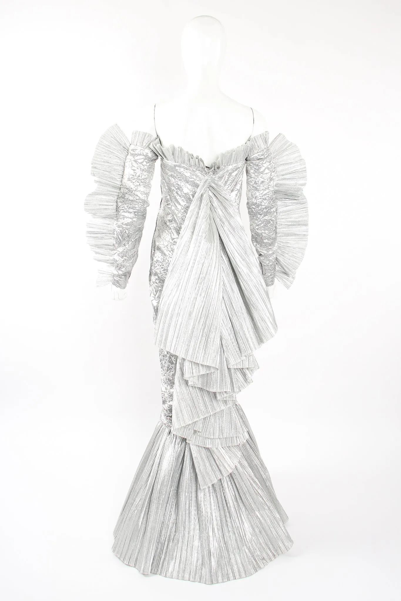 Lamé Strapless Sleeved Ruffle Gown