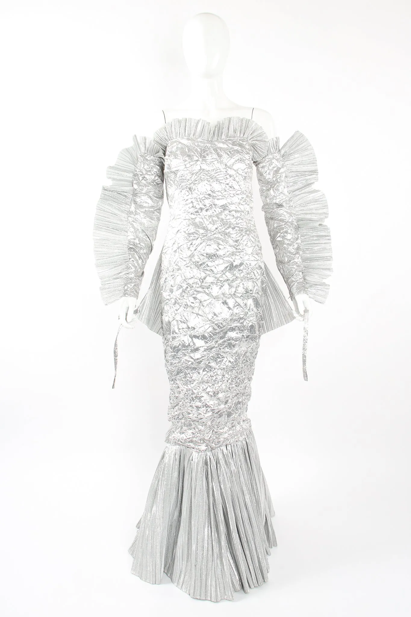 Lamé Strapless Sleeved Ruffle Gown