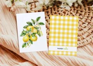 Lemon Greeting Card with Yellow Gingham Back, Fresh Citrus Note Card, Spring & Summer Greeting, Handcrafted Stationery Gift
