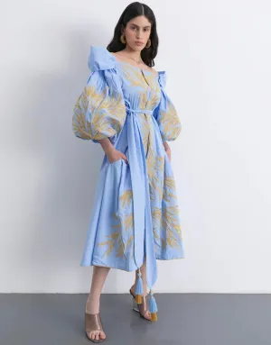 Light blue dress with gold embroidery