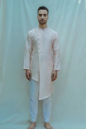 Light Peach Asymmetrical Hemline Kurta In Chanderi Silk Set