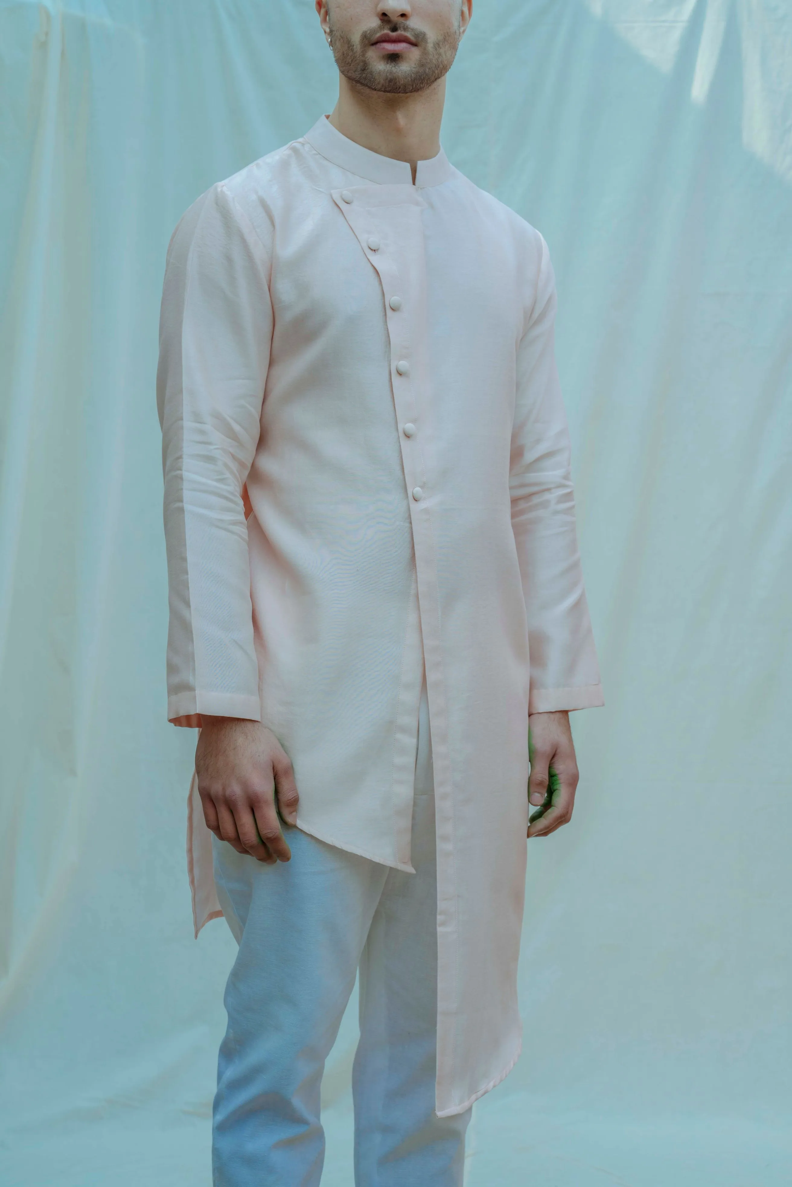 Light Peach Asymmetrical Hemline Kurta In Chanderi Silk Set