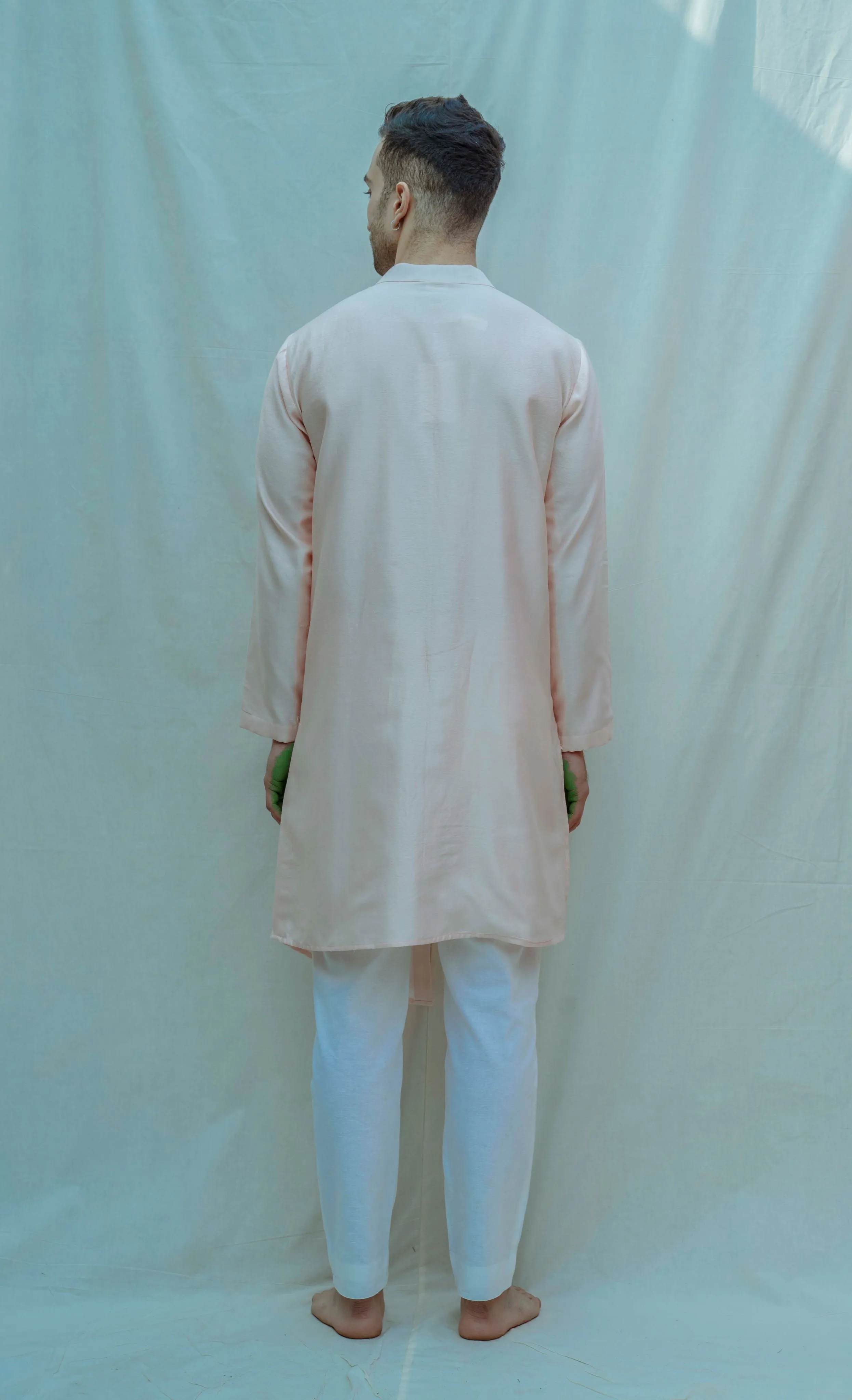 Light Peach Asymmetrical Hemline Kurta In Chanderi Silk Set