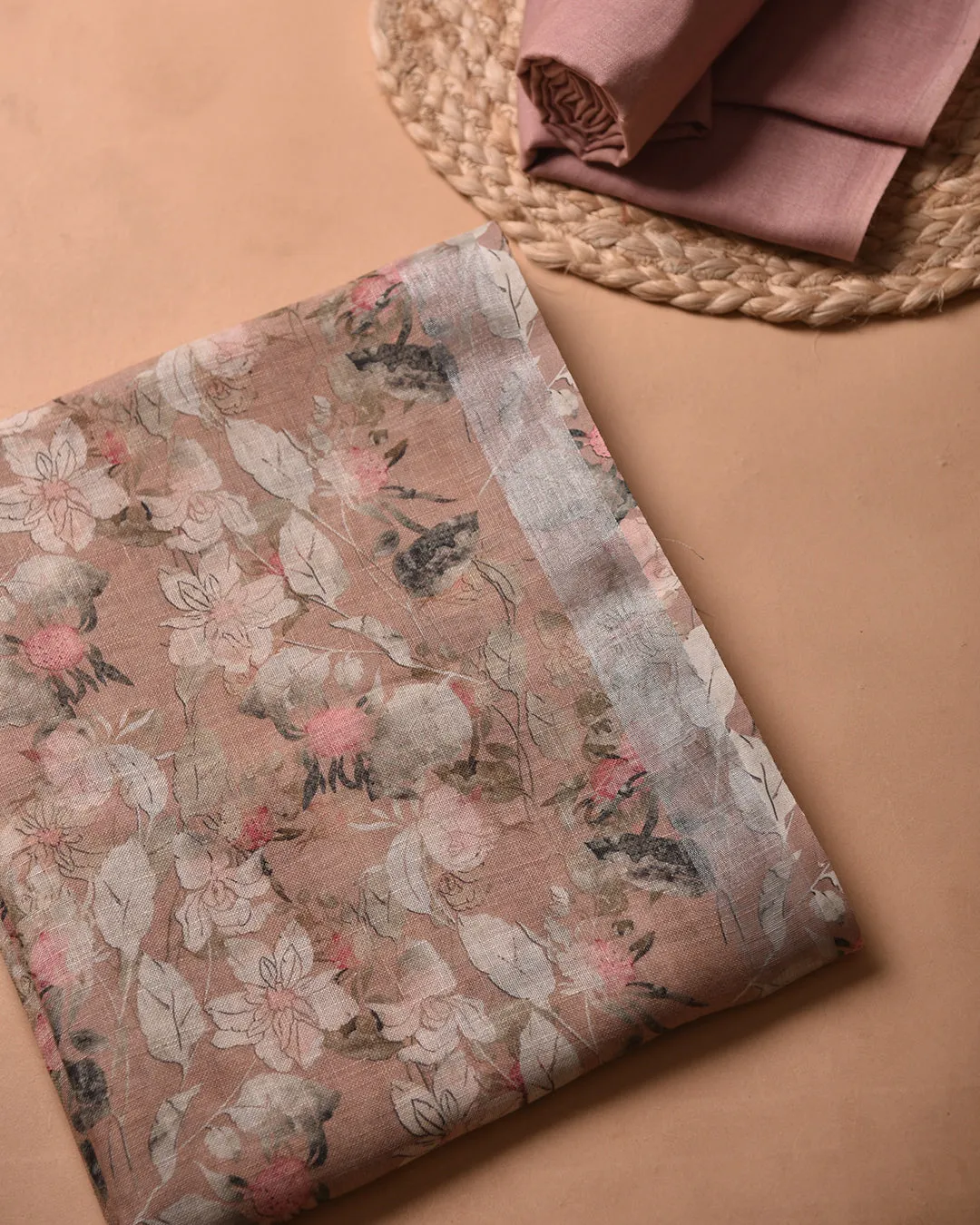Light Peach Pure Linen Printed Unstitched Co-ord Set Fabric With Linen Bottom Fabric