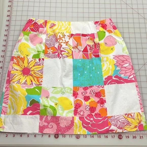 LILLY PULITZER Vintage White Label Floral/Fruit Patchwork Preppy Cotton Skirt 10