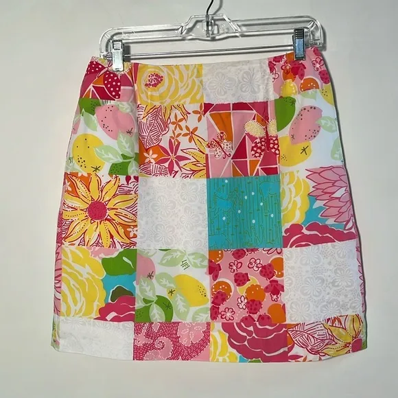 LILLY PULITZER Vintage White Label Floral/Fruit Patchwork Preppy Cotton Skirt 10