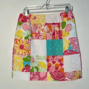 LILLY PULITZER Vintage White Label Floral/Fruit Patchwork Preppy Cotton Skirt 10