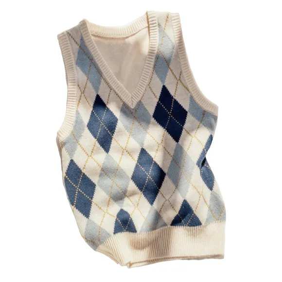 Love Tree Preppy Academia Argyle VNeck Plaid Checkered Knit Blue Cream Sweater L