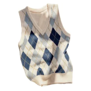 Love Tree Preppy Academia Argyle VNeck Plaid Checkered Knit Blue Cream Sweater L
