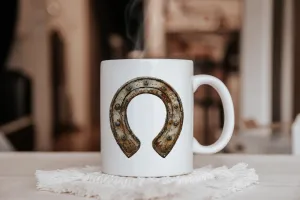 Lucky Bronze Horseshoe illustration 15 oz ceramic coffee mug | Horse   Whiskey collection