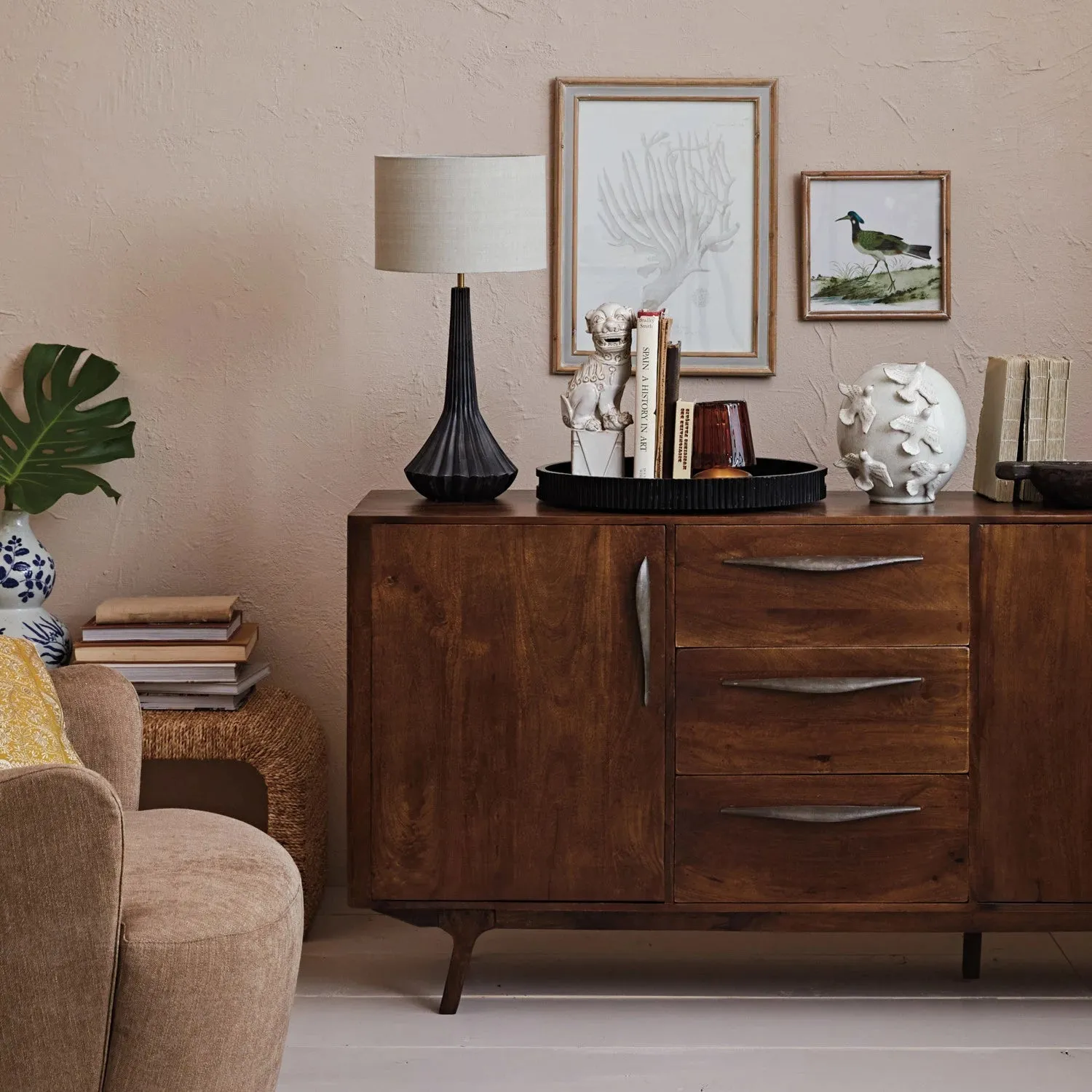 Mango Wood Pleated Table Lamp w/ Linen Shade & Inline Switch