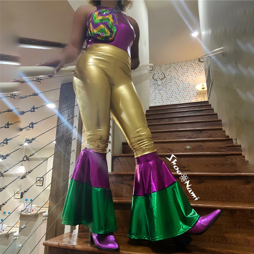 METALLIC MARDI GRAS BELL BOTTOM LEGGINGS