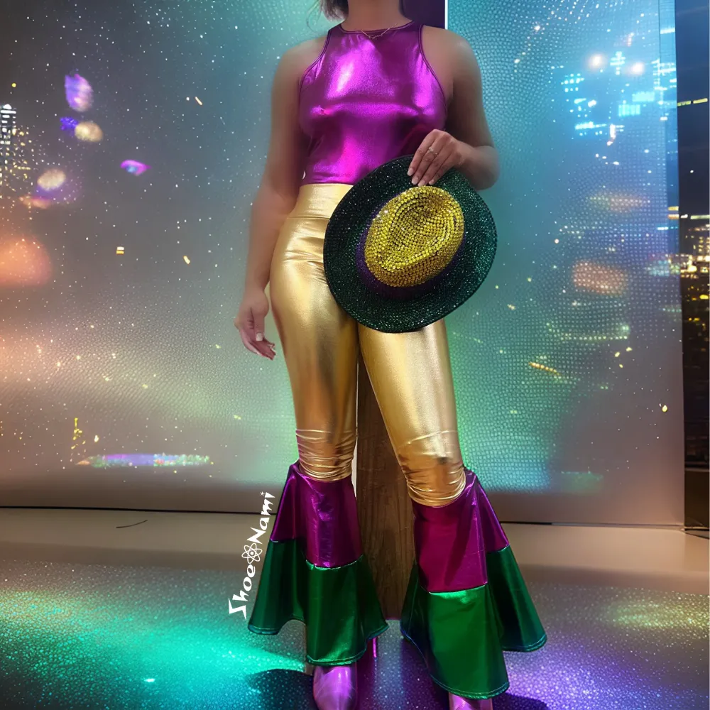 METALLIC MARDI GRAS BELL BOTTOM LEGGINGS