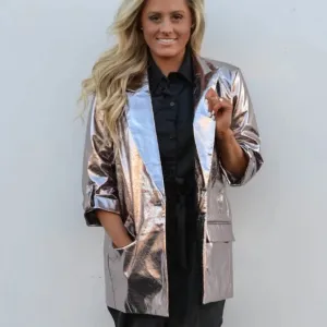 Metallic Pink Rose Gold Blazer Modern Boxy Oversized NYE Birthday Festive Large