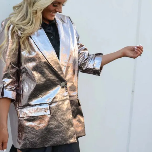 Metallic Pink Rose Gold Blazer Modern Boxy Oversized NYE Birthday Festive Large