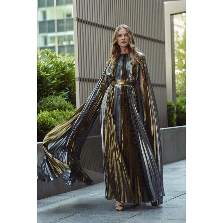 Metallic Plissé Cape Back Gown