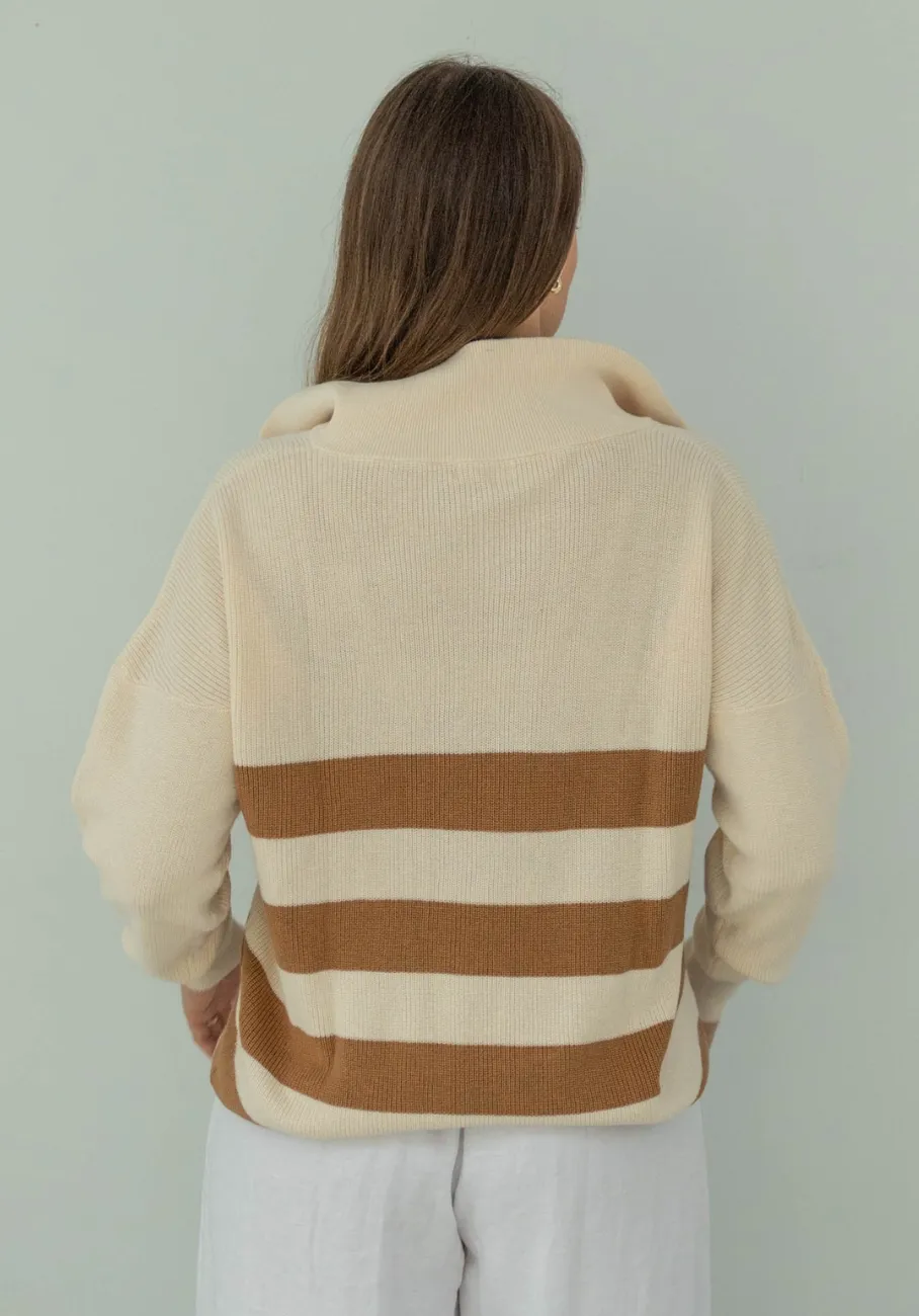 Miann & Co Womens - Maisie Quarter Zip Knitted Jumper - Café au Lait Stripe