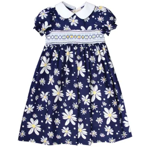 Navy Blue Floral English Smocked 100% Cotton Baby Dress
