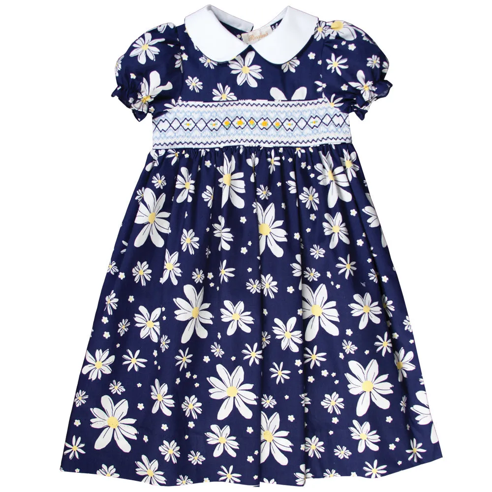 Navy Blue Floral English Smocked 100% Cotton Baby Dress
