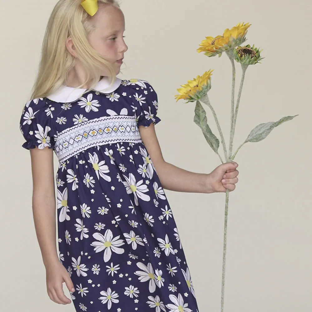 Navy Blue Floral English Smocked 100% Cotton Baby Dress
