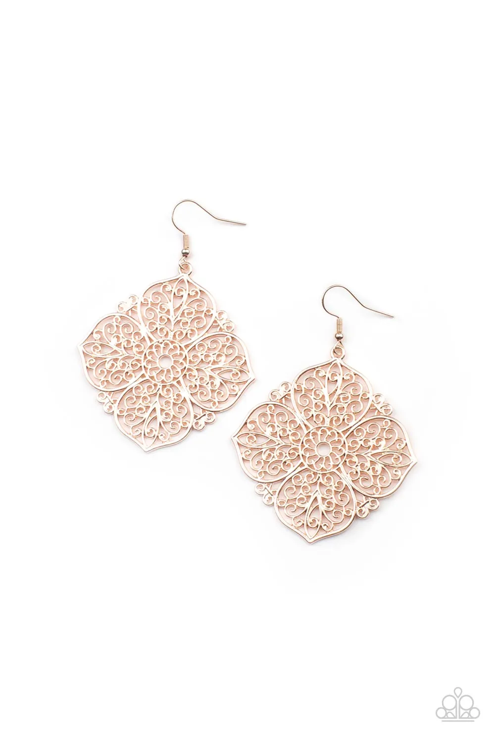 Paparazzi " Dubai Detour " Rose Gold Metal Scroll Work Flower Petals Earrings