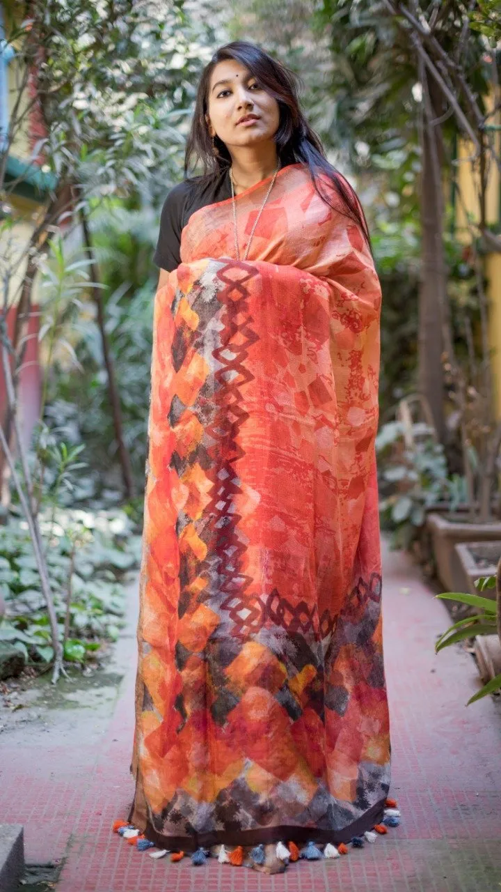 Peach Bengal Handloom Linen Saree