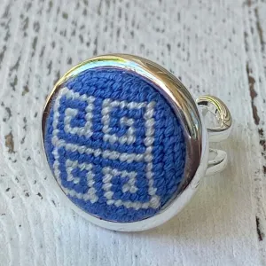 Periwinkle Blue Greek Key Needlepoint Ring