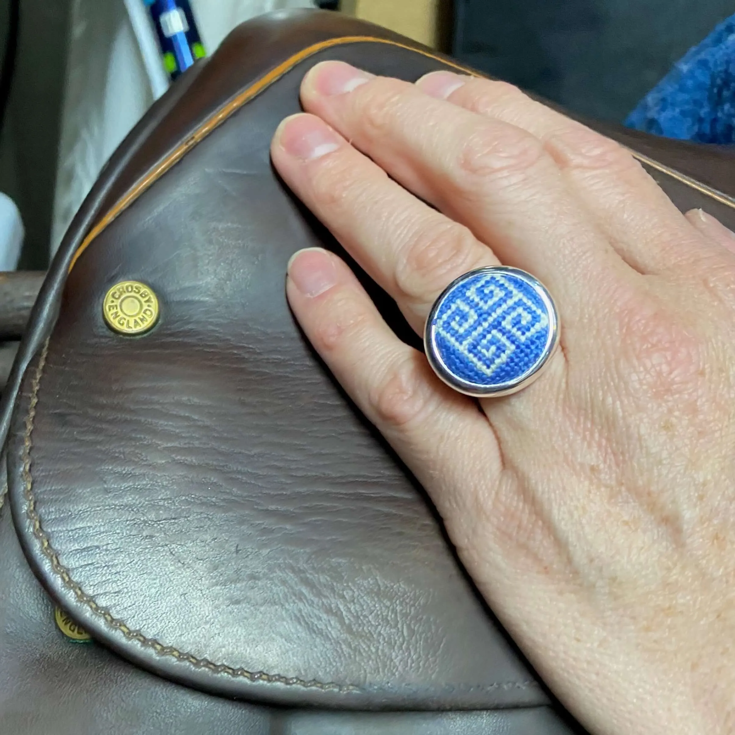 Periwinkle Blue Greek Key Needlepoint Ring